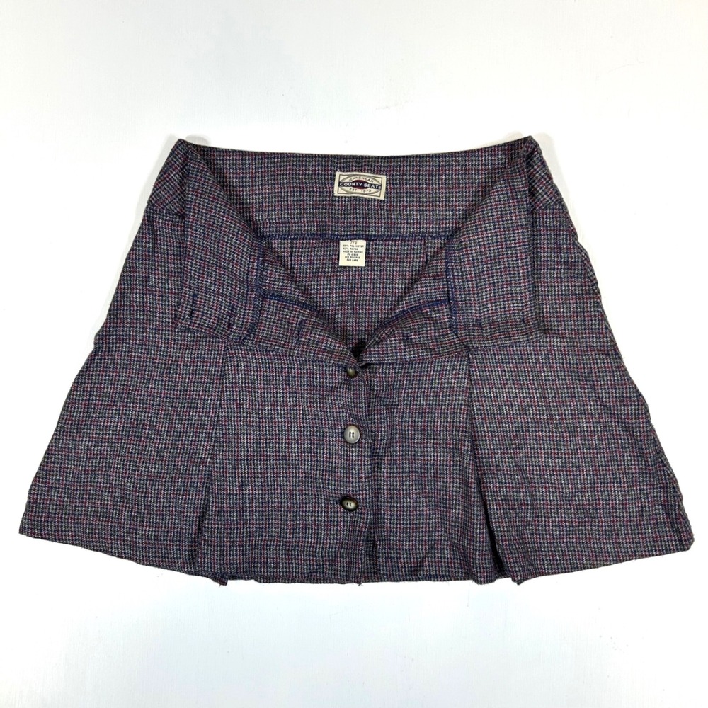 County Seat Jeanswear Vintage Plaid Button Front Mini Skirt Navy Burgundy 7/8 - Picture 3 of 7